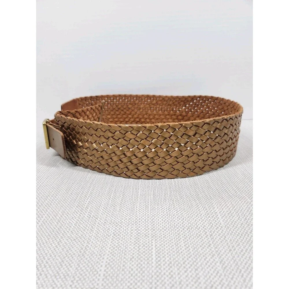Talbots Medium Wide Belt Bronze Woven Braided Leather Boho Hippie Bohemian